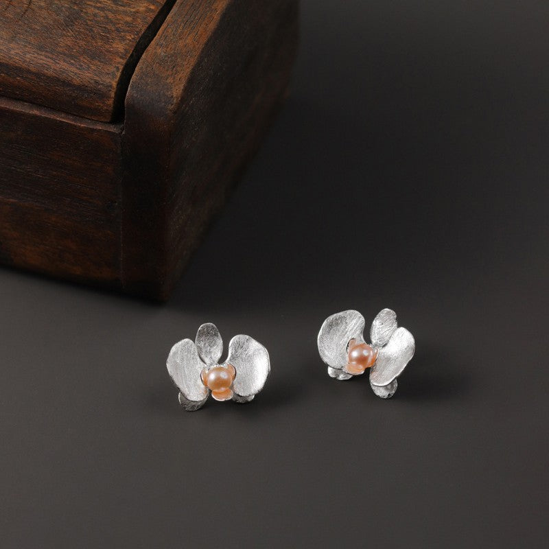 Pearl Orchid Earrings with Gold Flower Design