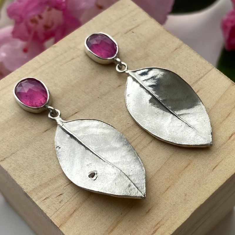 Leaf Drop Earrings with Pink Gemstone Nature Inspired Design