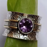 Vintage Floral Wide Band Ring with Purple Gemstone Center