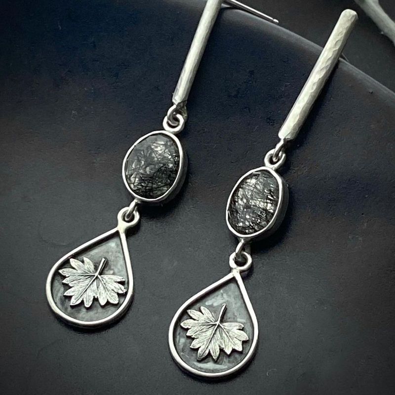 Handmade Leaf Drop Earrings with Black Gemstone Nature Design