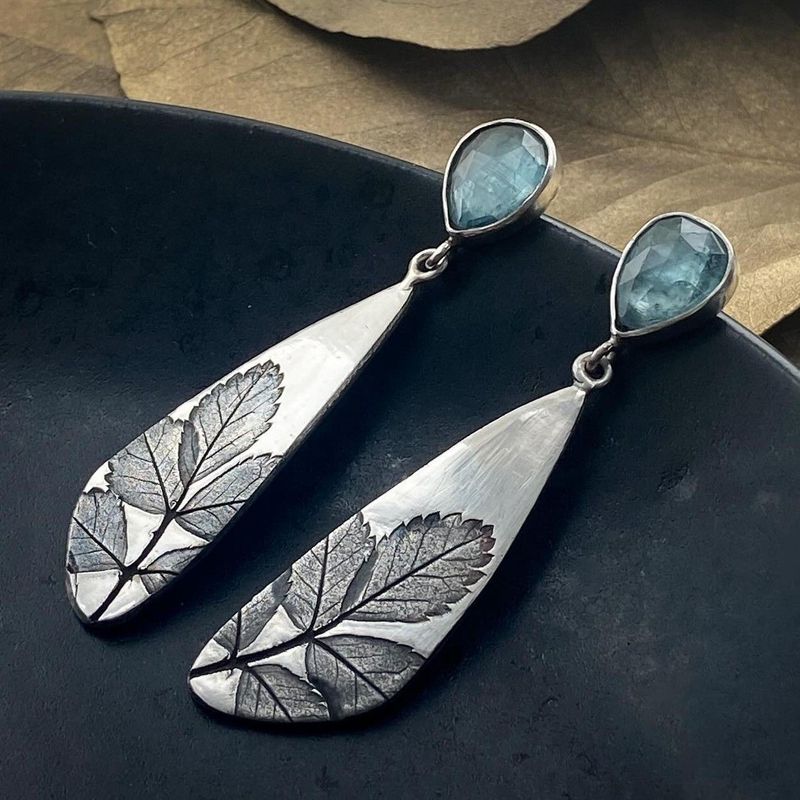 Blue Gemstone Leaf Engraved Long Earrings Nature Inspired Design