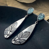 Blue Gemstone Leaf Engraved Long Earrings Nature Inspired Design
