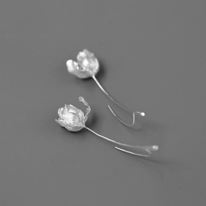 Silver Bud Drop Earrings for Awakening and Graceful Bloom