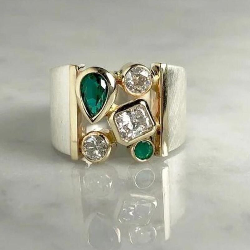 Bold Gold Ring with Emerald and Geometric Diamond Accents