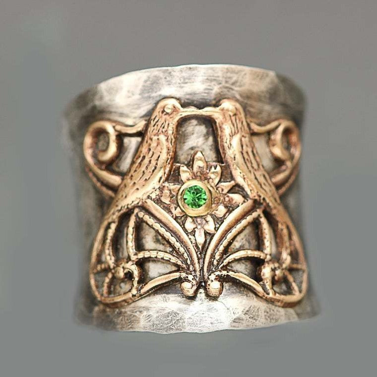 Twin Birds Green Gem Ring with Floral Tribal Design