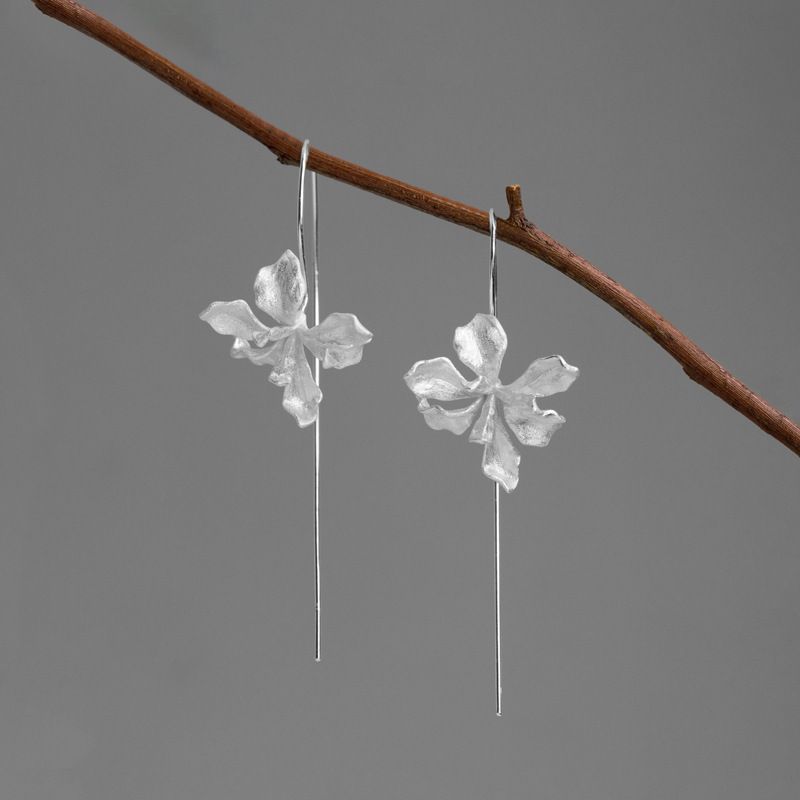 Iris Flower Drop Earrings in Gold or Silver