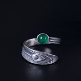 Adjustable Feather Ring with Green Crystal Accent