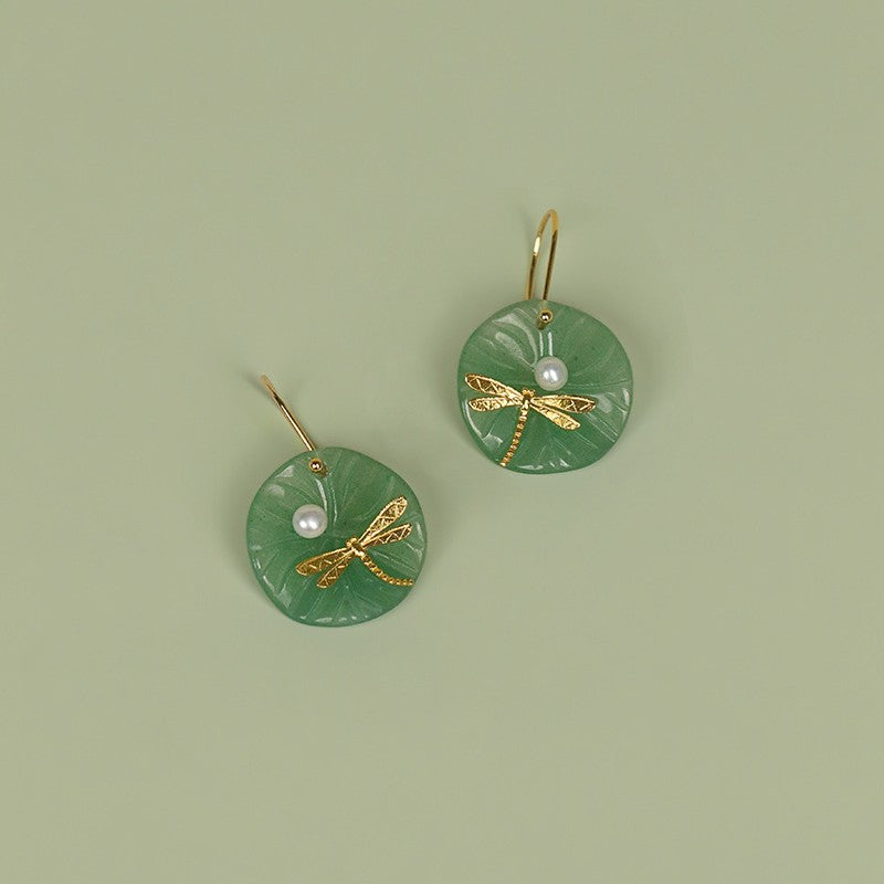 Dragonfly Dangle Earrings Green Jade Pearl