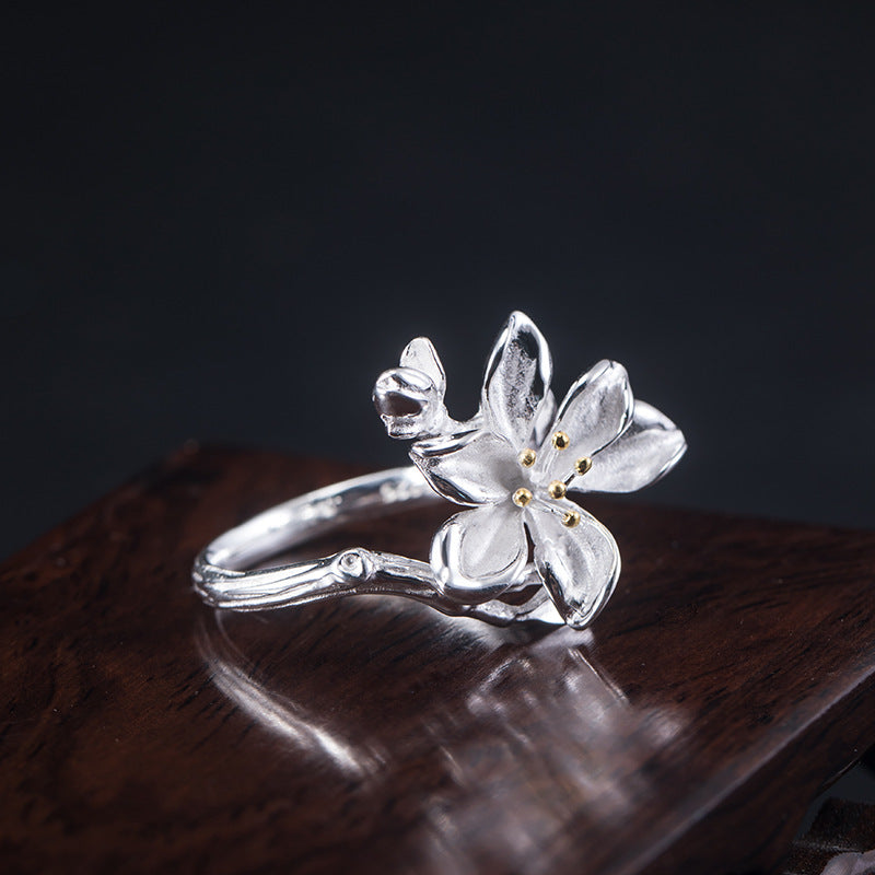 Silver Petal Ring with Golden Stamens for Gentle Energy