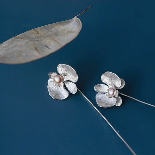 Pearl Orchid Earrings with Gold Flower Design