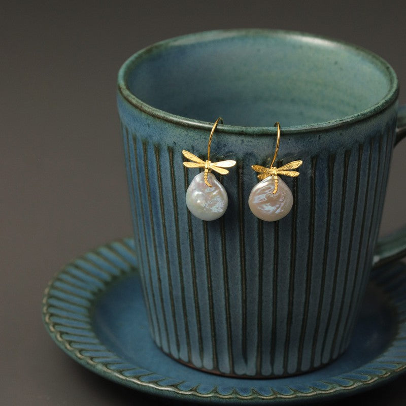 Baroque Pearl Drop Earrings with Dragonfly Charm