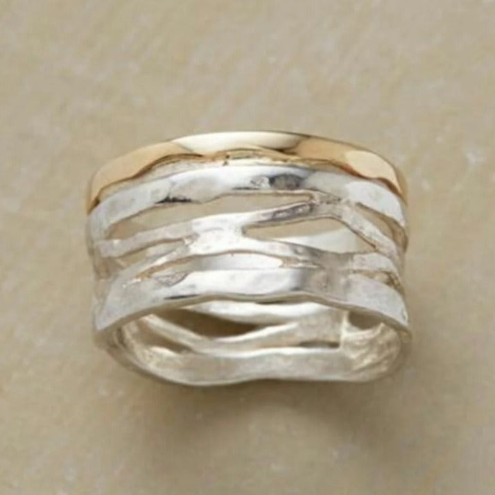 Organic Wave Wide Band Ring with Mixed Metal Design