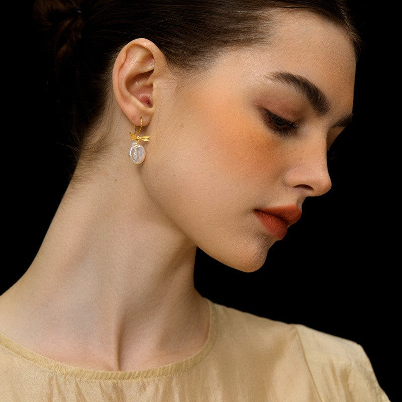 Baroque Pearl Drop Earrings with Dragonfly Charm