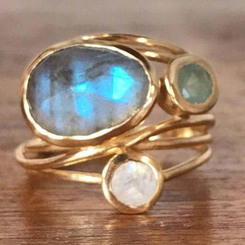 Gold Wrap Ring with Labradorite, Aquamarine and Moonstone