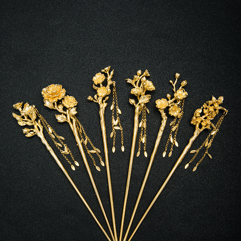 Golden Goddess Hairpins with Blossoms and Flowing Chains